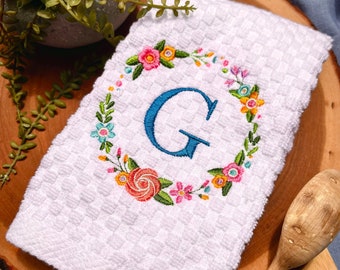 Floral Monogram Kitchen Towel - Spring, Summer, colorful floral wreath, initial, dish towel, spring decor, personalized, embroidery