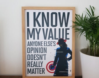 DIGITAL A4 PRINTABLE Agent Carter Inspired Quote 'I Know My Value' Black colour DOWNLOAD- home decor, picture, poster