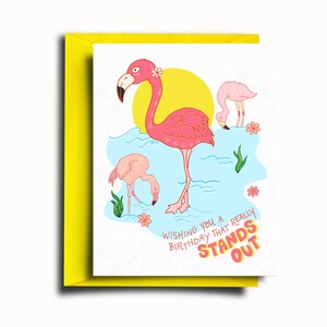 May include: A greeting card featuring a pink flamingo illustration and the text "Wishing you a birthday that really stands out".