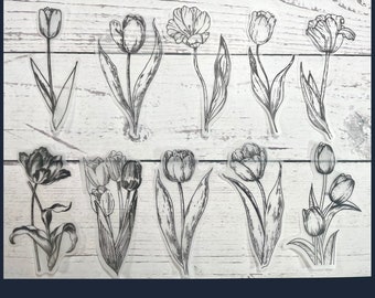 10 pc Vellum Flower Stickers - Choose from 3 Variations- Scrapbook, journal, Junk Journal Kit, Journal Ephemera, Black and White