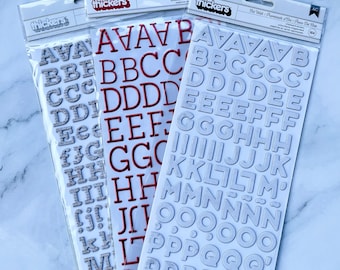 Set of 3 Thickers:  BoBunny JOYFUL Red Foil, Heidi Swapp Art Walk White and Memo Newsprint Chipboard Alphabet Stickers by American Crafts