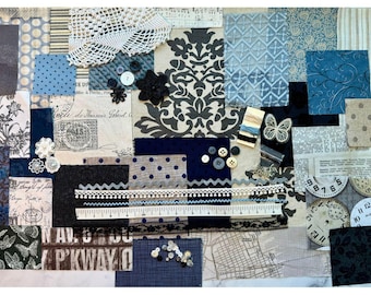 Vintage Noir Slow Stitching Fabric Kit - Blue, Gray & Cream Fabric Bundle for Junk Journals, Collage, Mixed Media, and Fabric Art
