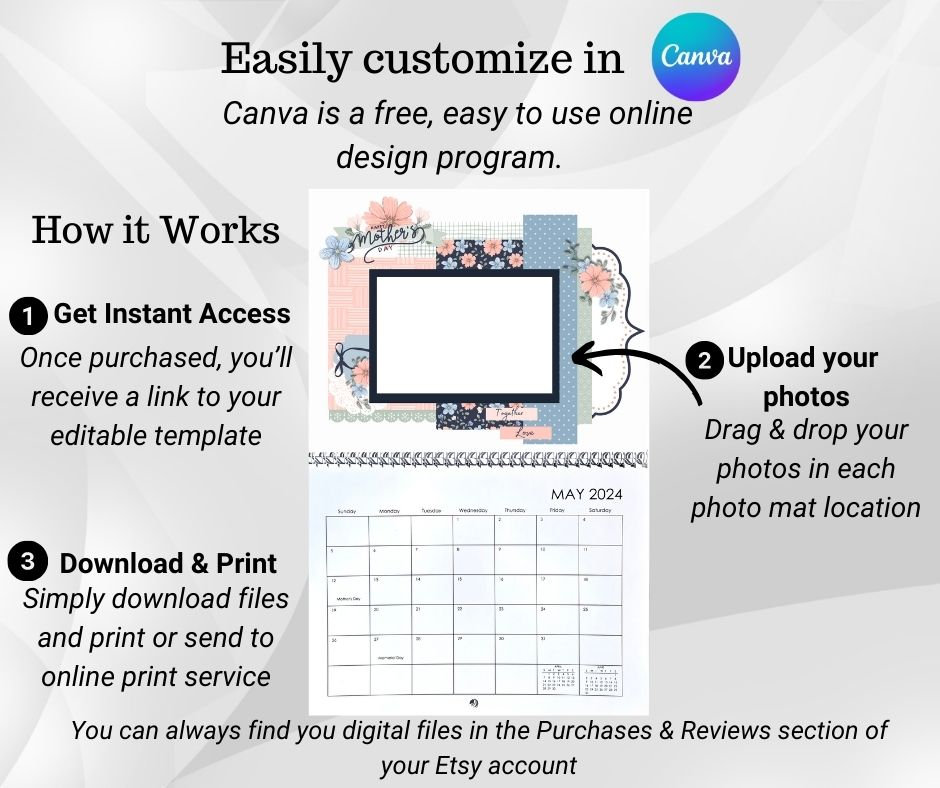 Customizable 2024 Photo Calendar Photo Wall Calendar DIY Printable Calendar Gift for Grandparent