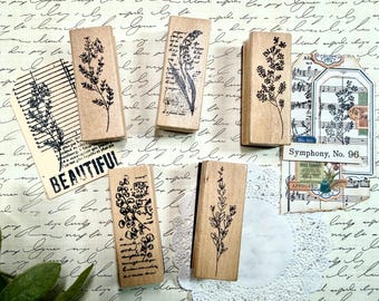 Vintage Botanical Wood Mounted Rubber Stamp  - 5 Styles to Choose From for Junk Journal, Card Making, Art Journal, Scrapbooking