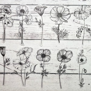 30 peças de adesivos de flores de velino - margaridas, tulipas e papoulas - álbum de recortes, diário, kit de diário de lixo, diário efêmero, preto e branco