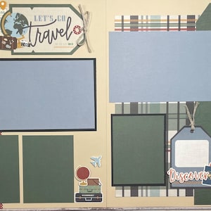 Let's Go Travel -travel scrapbook page kit, premade scrapbook kit, 12x12 premade page kit, premade scrapbook pages, 12x12 scrapbook layout