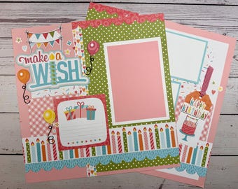 12x12 Birthday Scrapbook Page Layout – Make A Wish Girls Birthday Celebration Page Kit