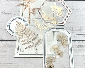 20 pc Vellum Gold Foil  Flower Stickers -  4 Variations - Rose, Daisy, Ginko Biloba, Fern Leaf Scrapbook stickers, Junk Journal Stickers