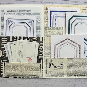 May include: Open journal with pockets filled with vintage ephemera. Includes postcards, patterned paper, and cards with geometric frame designs. The pages are made of dictionary pages.