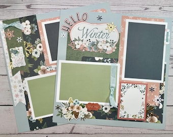 Hello Winter, Premade winter scrapbook pages, 12x12 scrapbook layout, page kit, Scrapbook Page Kit, Winter Page Kit, Snow Scrapbook page