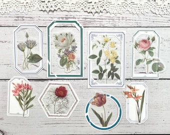 21 pc Vellum Blossoms  Flower Stickers with perforated tags -  2 Variations - Scrapbook stickers, Junk Journal Stickers