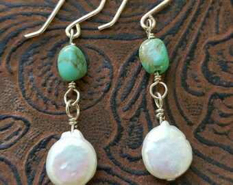 Turquoise Gemstones & Freshwater Pearls Dangle Earrings, one of a kind