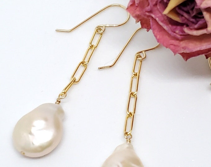 Freshwater Coin Pearls Earrings on Gold-filled Paperclip Chain, one of a kind