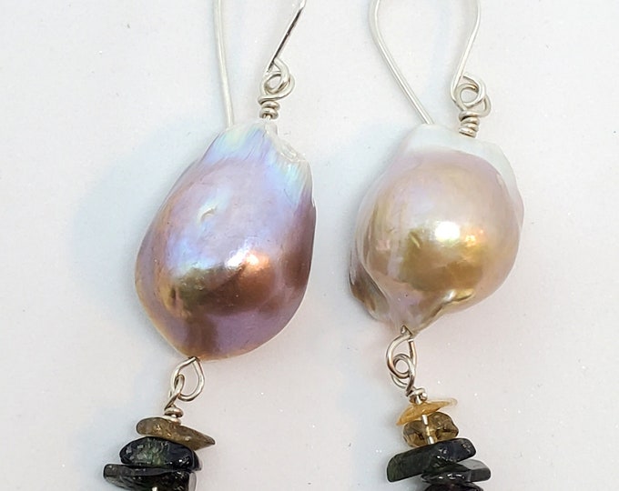 Large Baroque Freshwater Pearls & Tourmaline Earrings, one of a kind, elegant