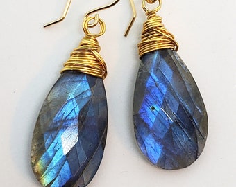 Flashy Labradorite Gemstone Earrings, natural blue flash, one of a kind