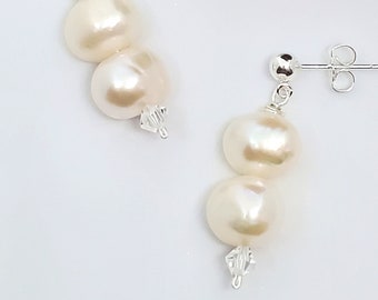 Freshwater Pearl earrings for women, clear Austrian crystal accents, Elegant lightweight dangles, handmade one of a kind