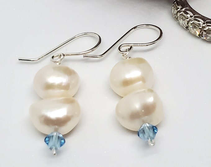 Freshwater Pearl earrings with blue Austrian crystal accents, one of a kind