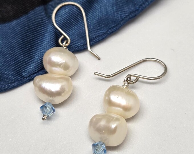Freshwater Pearl earrings with blue Austrian crystal accents, one of a kind