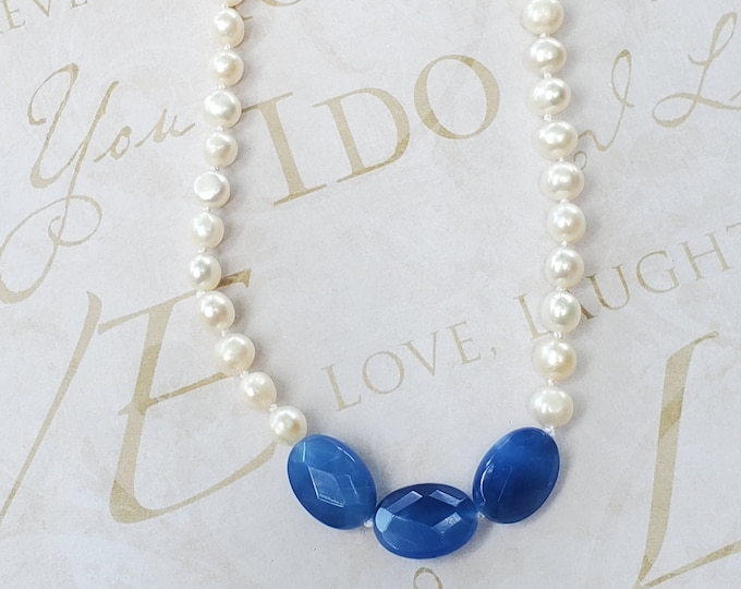 Hand-Knotted Freshwater Pearls Necklace with Blue Agate gemstones, one of a kind