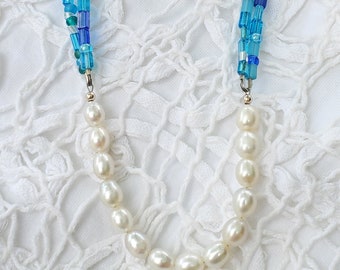 Freshwater Pearls & Blue Multicolor bead necklace, beach wedding, one of a kind