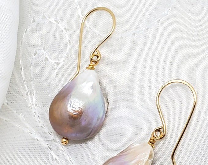 Large Baroque Freshwater Pearls drop earrings on Gold-filled ear wires, Deep Lustre, one of a kind