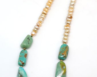 Champagne Freshwater Pearls & Turquoise Nuggets Necklace, one of a kind