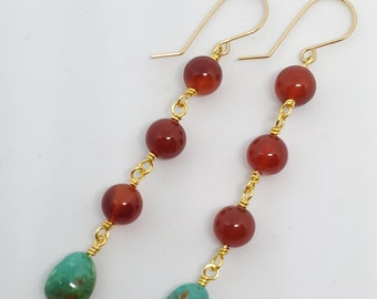 Turquoise and Red Agate gemstone earrings, long dangles, one of a kind