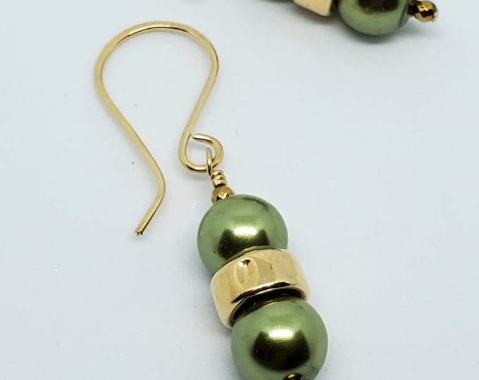 Olive Green Glass Pearl Earrings with Gold Filled accents