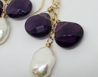 Freshwater Pearl Earrings in Gold Fill, Purple Faceted Briolettes, one of a kind