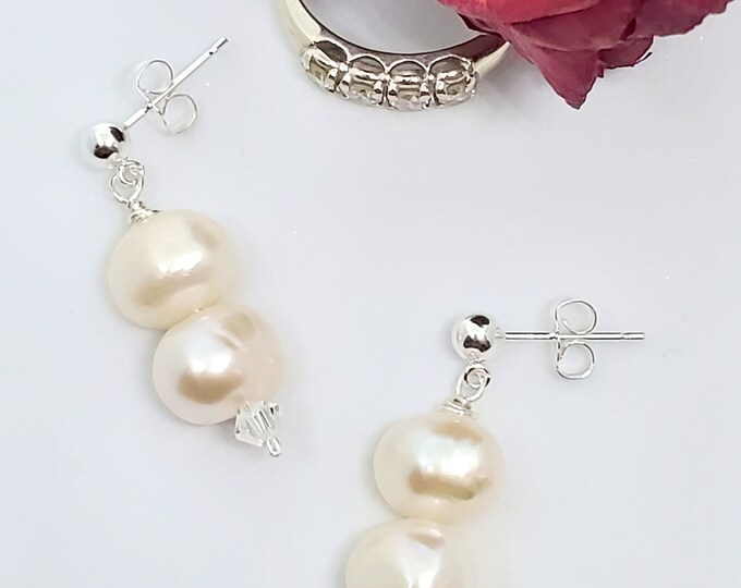 Freshwater Pearls drop earrings with clear Austrian crystal accents, one of a kind
