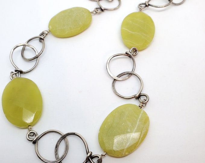 Vintage Jade Lime Green Gemstones on Handmade Wire Links, One of a Kind Artisan Necklace