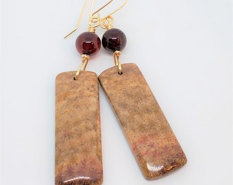 Fossil Coral Gemstone Earrings with Fire Agate accents, gold ear wires, one of a kind