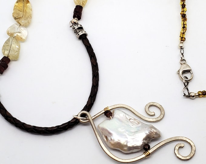 Citrine and Garnet Gemstone Necklace, Freeform Freshwater Pearl Pendant, Leather, Organic, Unique, One of a Kind handmade jewelry