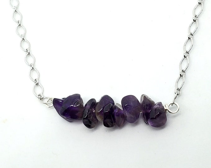 Amethyst Gemstone Minimal Bar Necklace on Sterling Silver, one of a kind handmade jewelry