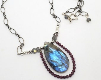 Flashy Labradorite pendant necklace with Faceted Garnets, Antique Sterling Silver Chain, one of a kind