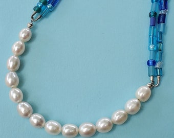 Freshwater Pearls & Blue Multicolor bead necklace, one of a kind