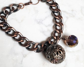 Copper Charm Bracelet with Mystic Topaz Crystal & Filigree Charm, one of a kind