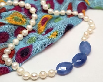 Hand-Knotted White Freshwater Pearls Necklace with Blue Agate gemstones, one of a kind