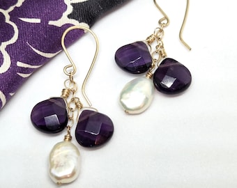 Freshwater Pearl Earrings in Gold Fill, Purple Faceted Briolettes, one of a kind