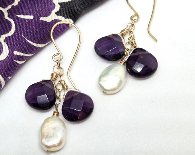 Freshwater Pearl Earrings in Gold Fill, Purple Faceted Briolettes, one of a kind
