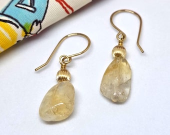 Yellow Citrine nugget gemstone earrings, handmade, one of a kind