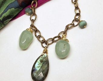 Labradorite, Blue Chalcedony, Blue Agate Gemstone Charm Necklace on Antique Gold Chain, handmade, one of a kind