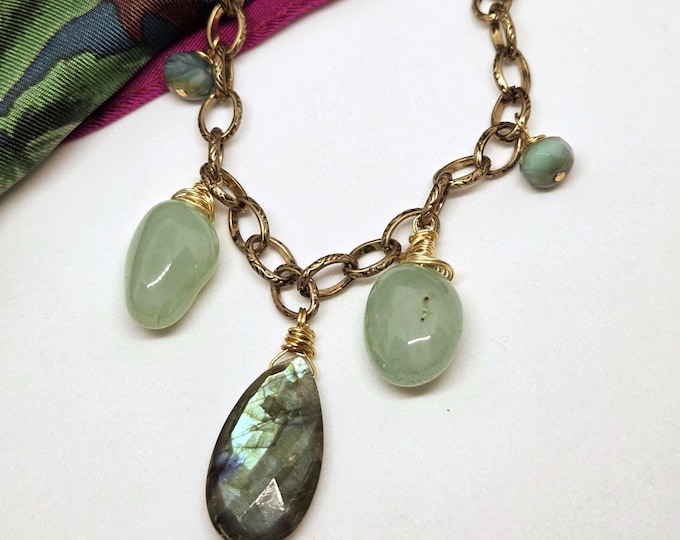 Labradorite, Blue Chalcedony, Blue Agate Gemstone Charm Necklace on Antique Gold Chain, handmade, one of a kind