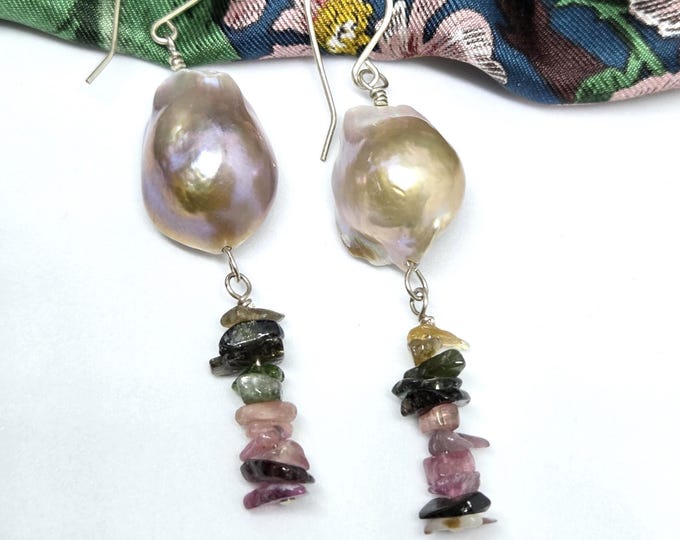 Large Baroque Freshwater Pearls & Tourmaline Gemstone Earrings, one of a kind, elegant