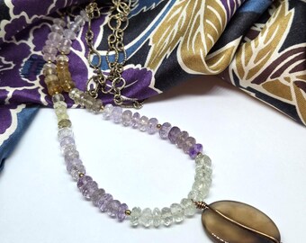 Smoky Quartz Pendant Necklace on Mixed Gemstones, antique gold chain, one of a kind