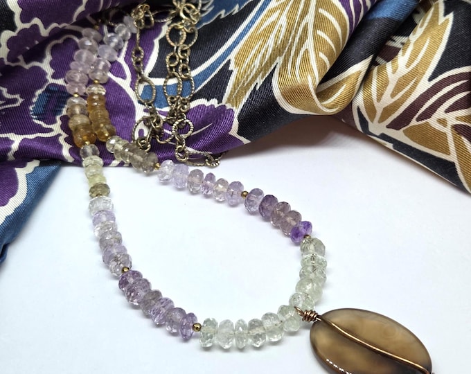 Smoky Quartz Pendant Necklace on Mixed Gemstones, antique gold chain, one of a kind