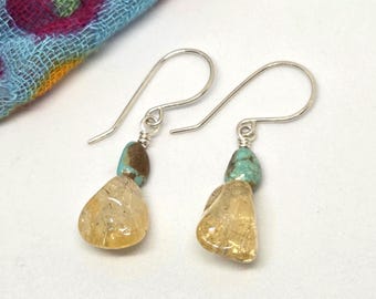 Yellow Citrine and Turquoise nugget earrings, handmade, one of a kind