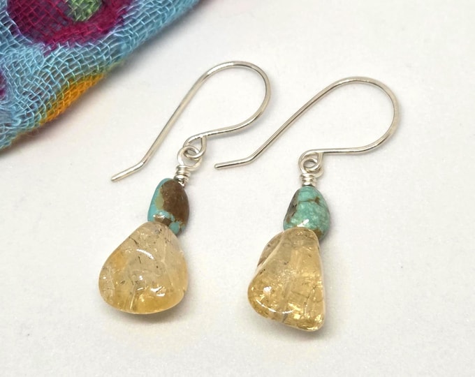 Yellow Citrine and Turquoise nugget earrings, handmade, one of a kind