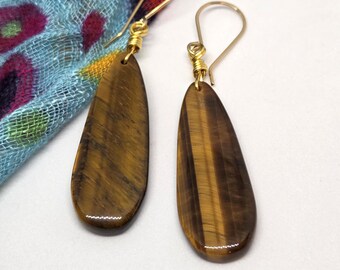 Tiger Eye long drop gemstone earrings, handmade, one of a kind