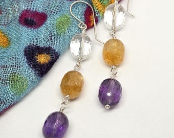 Amethyst, Citrine, and Clear Quartz gemstone earrings, handmade, one of a kind